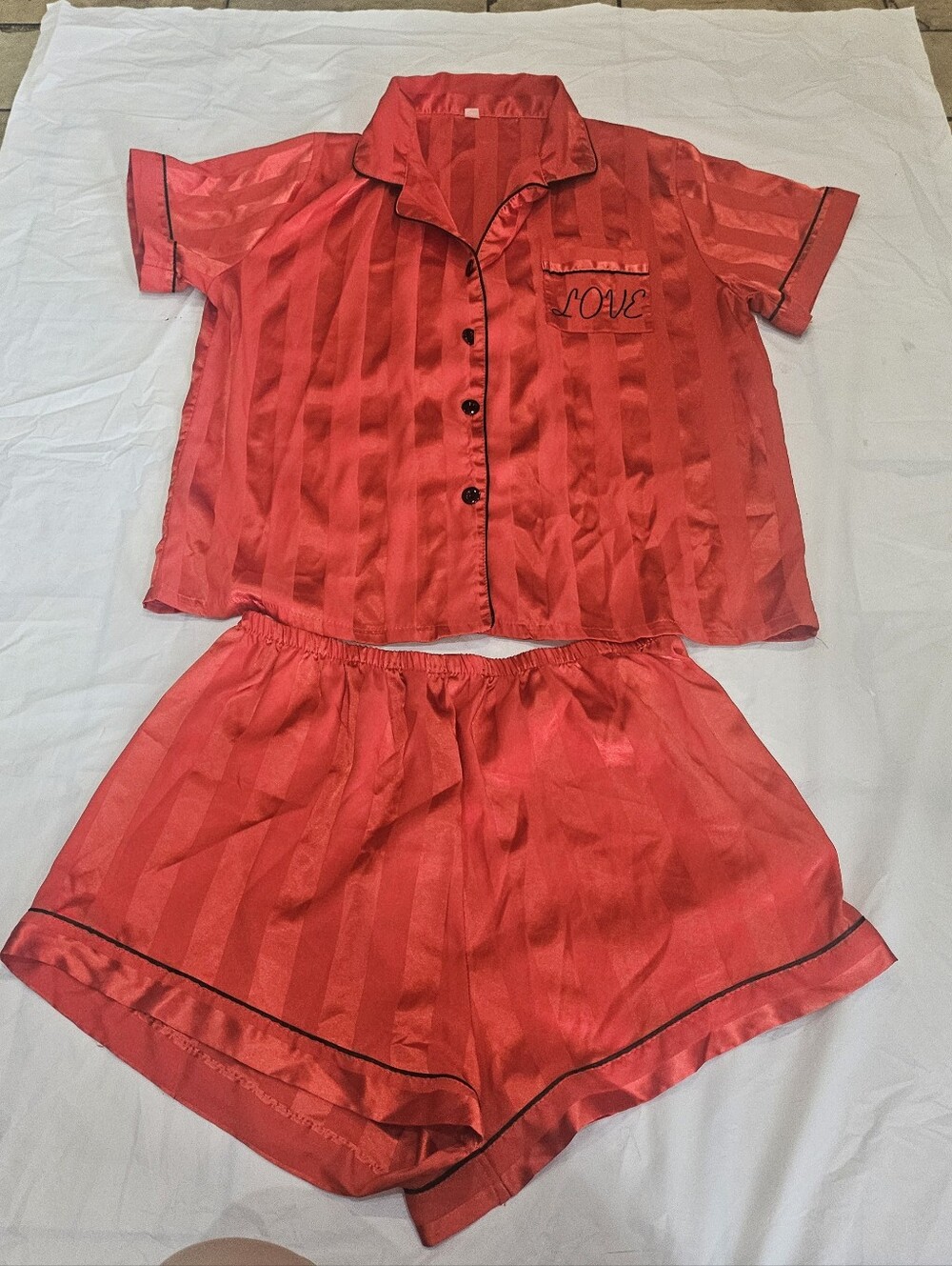 Love Red Satin Short Pajama Set with Black Piping. Sz XL